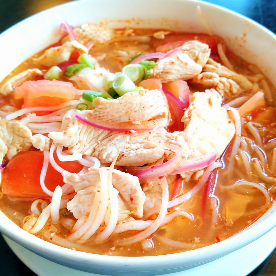Close-up of a vibrant chicken noodle soup with tomatoes, red onions, and green onions.